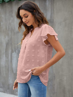 Dusty pink textured voile blouse with flutter sleeves and v-neck