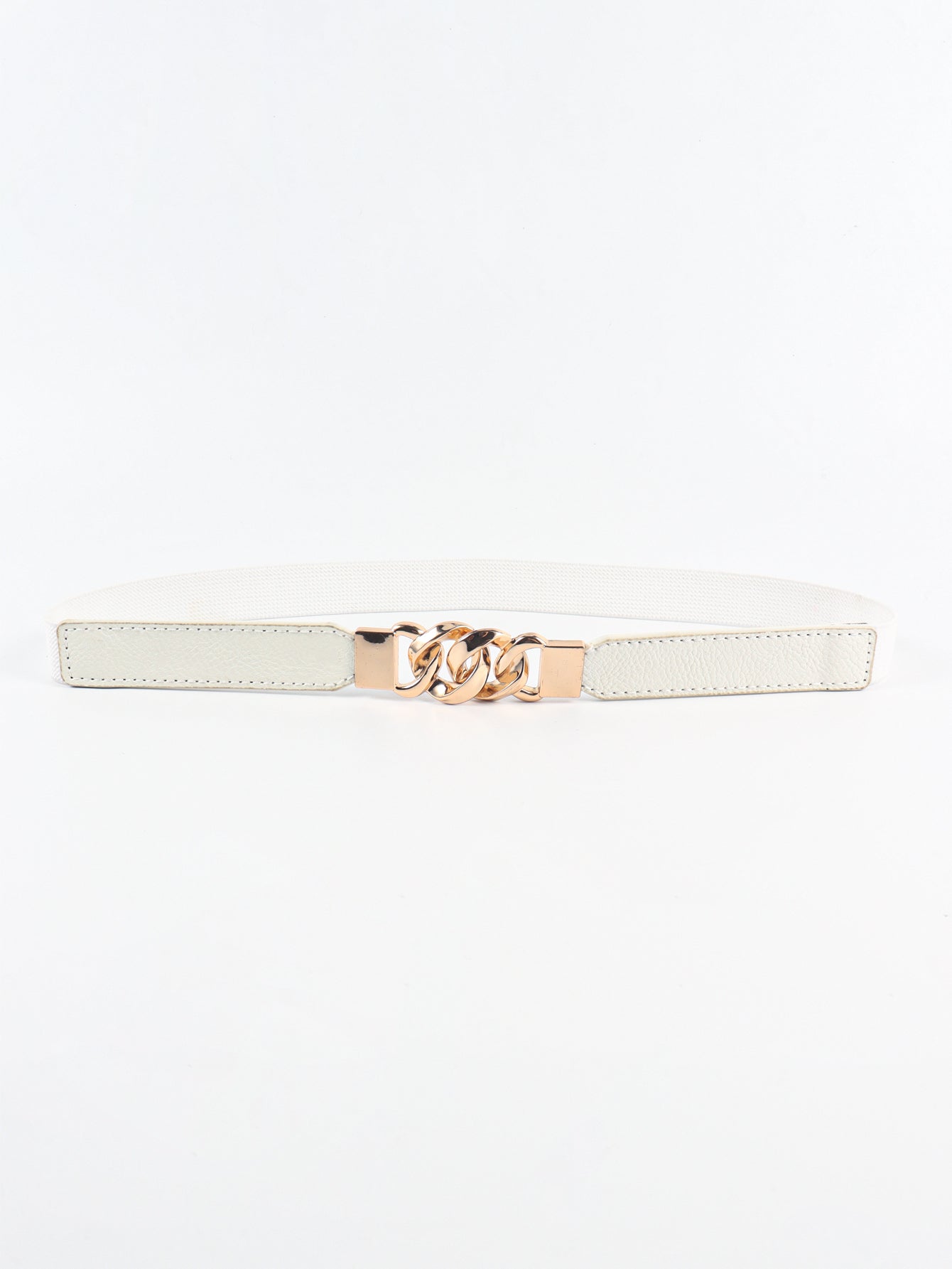 White faux leather belt with gold chain detail and buckle
