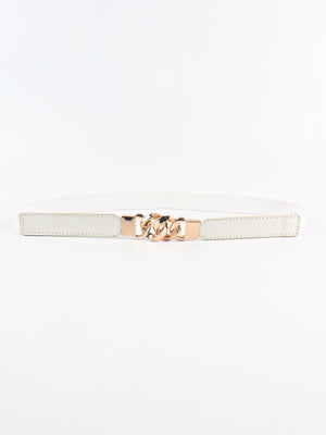 White faux leather belt with gold chain detail and buckle