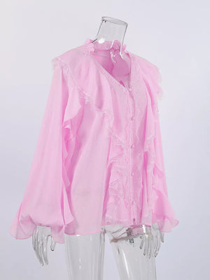blouse in beige with v-neck and long sleeve