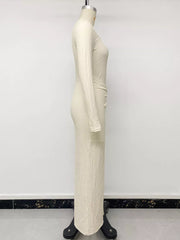 ivory midi dress with slit and long sleeve