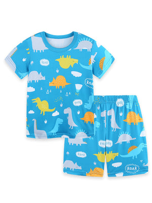 Blue dinosaur print pajama set with short sleeves and shorts for kids.