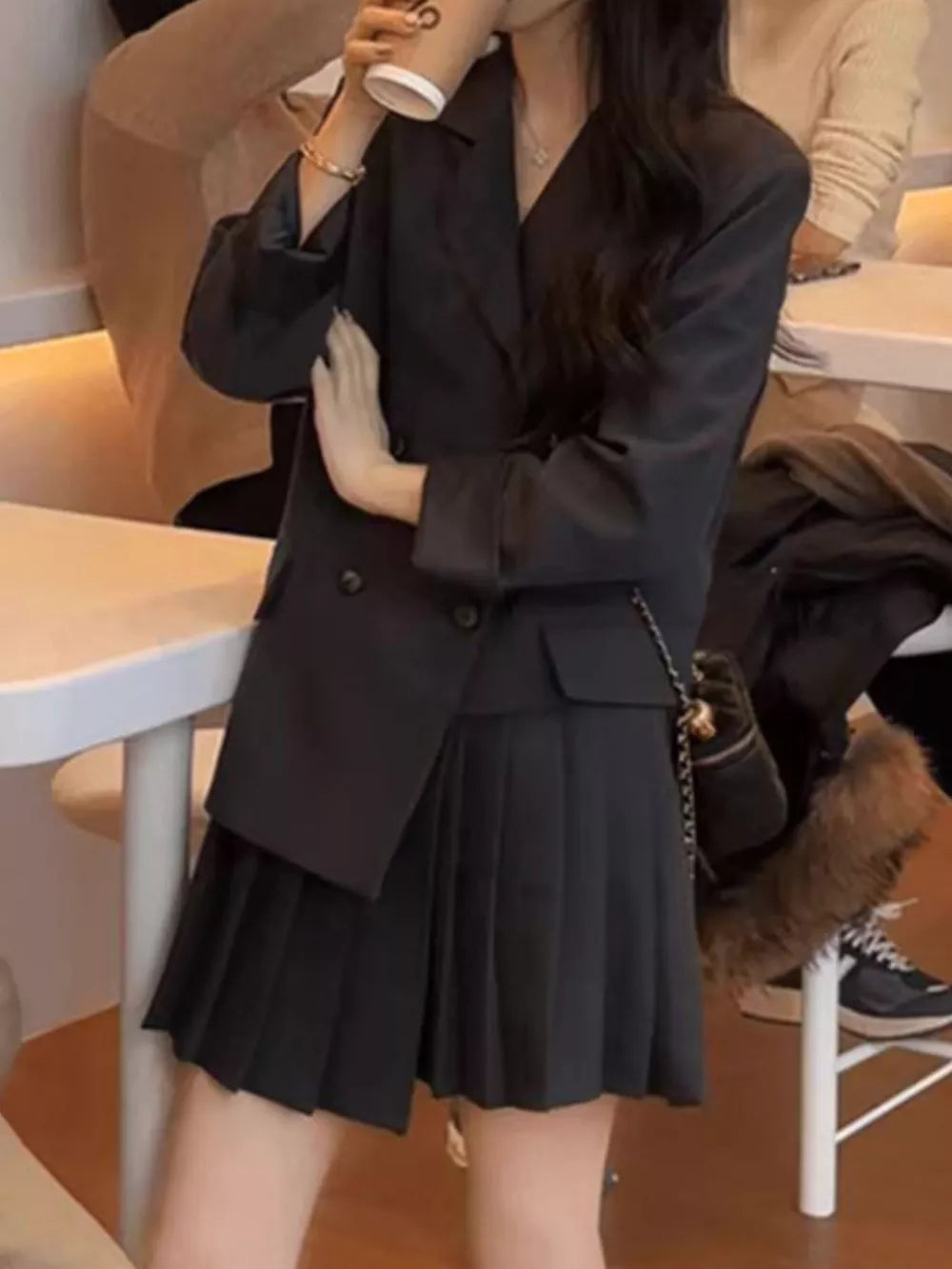 Black Plus Size Asymmetrical Pleated Blazer Dress