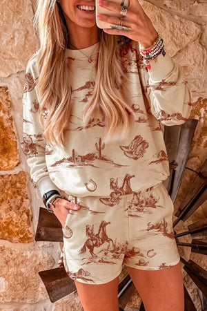 cream sweatshirt with western print and crew neck