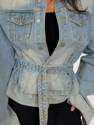 50% cotton, 50% polyester Care instructions: Machine wash cold denim jacket in Blue with relaxed silhouette