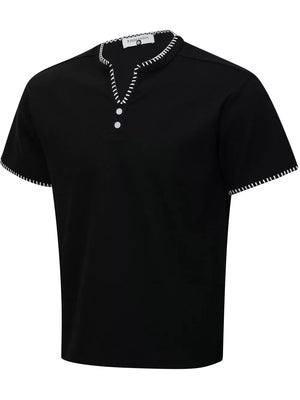 Men's Notched Short Sleeve Henley Top in Black