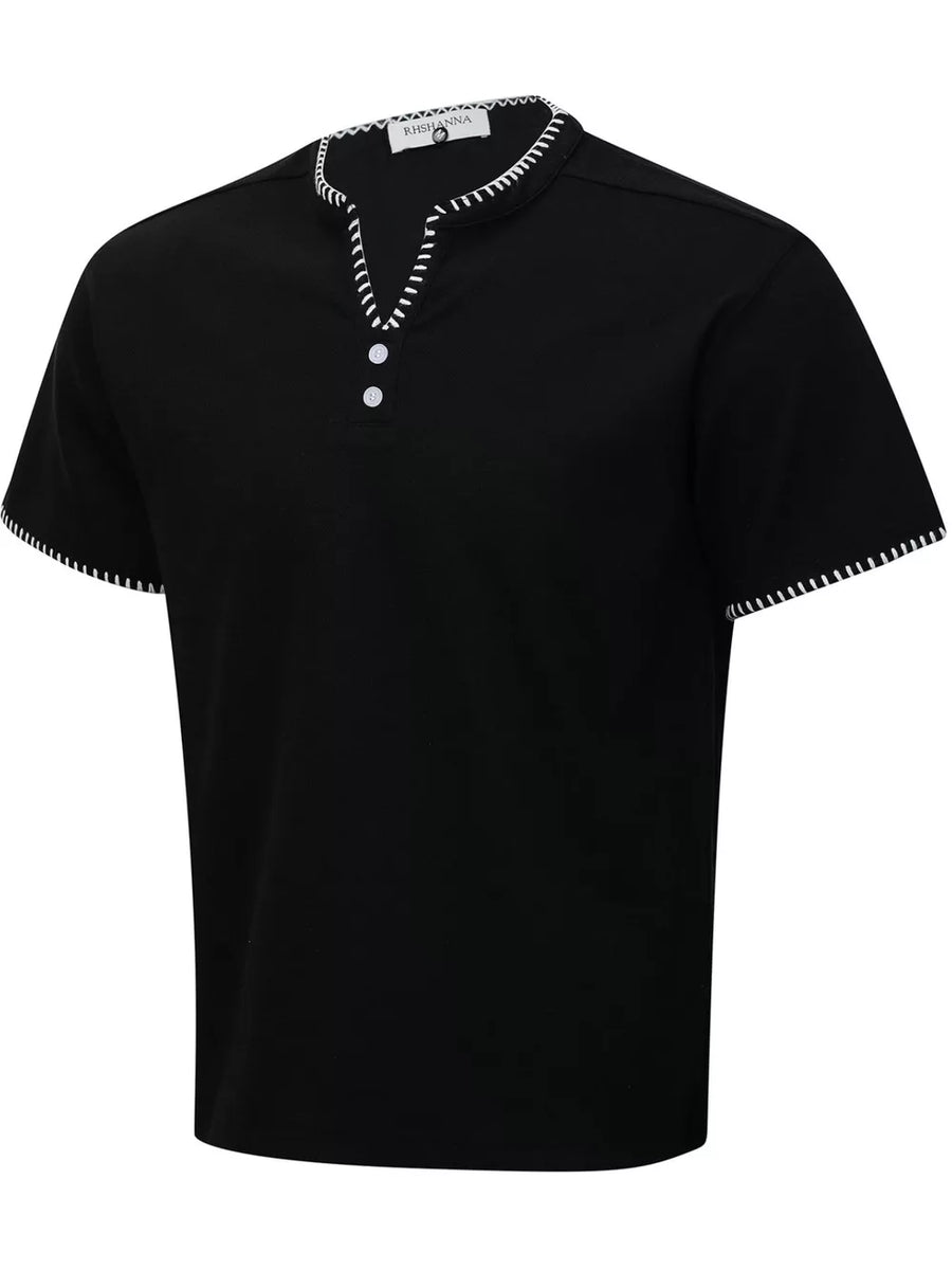 Men's Notched Short Sleeve Henley Top in Black