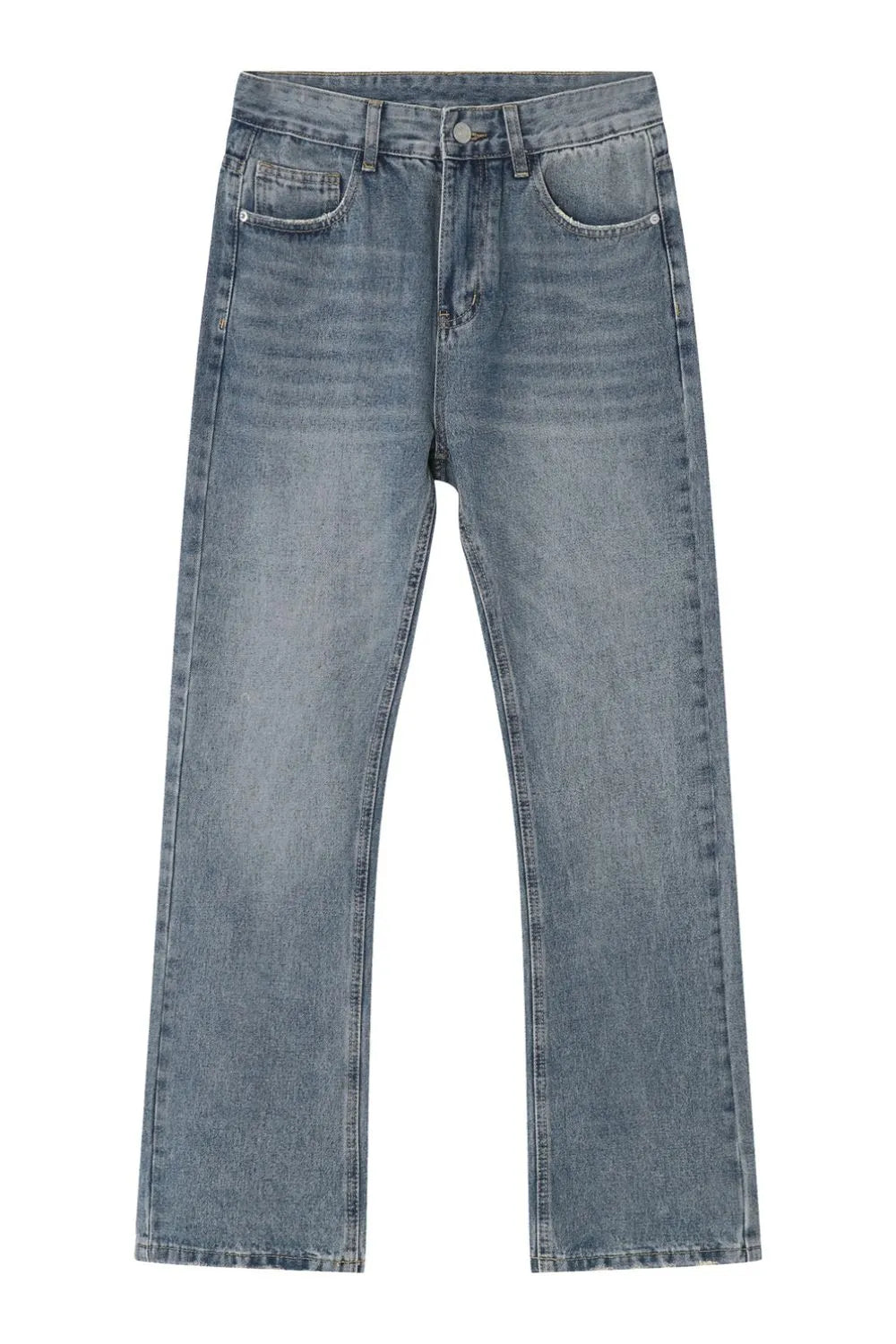 Relaxed wash medium blue denim jeans with a straight leg cut and classic five-pocket styling.