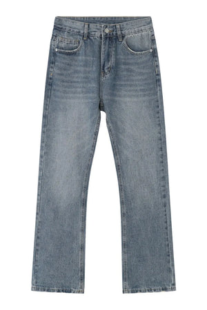 Relaxed wash medium blue denim jeans with a straight leg cut and classic five-pocket styling.