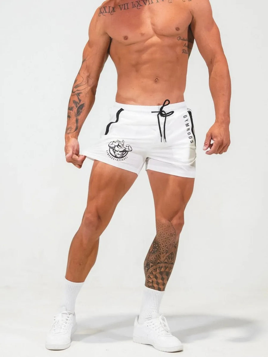 White athletic shorts with black drawstring and side stripe detail.