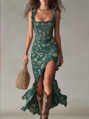 emerald green maxi dress with floral and square neck