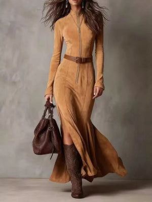 modern maxi dress in dark brown with mock neck