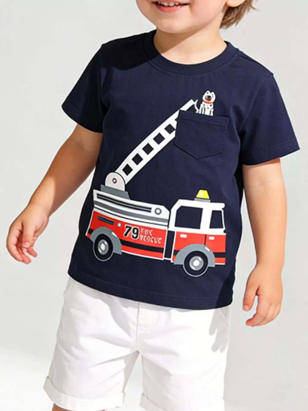 Navy cotton t-shirt with a fire truck graphic and a dog in the pocket.