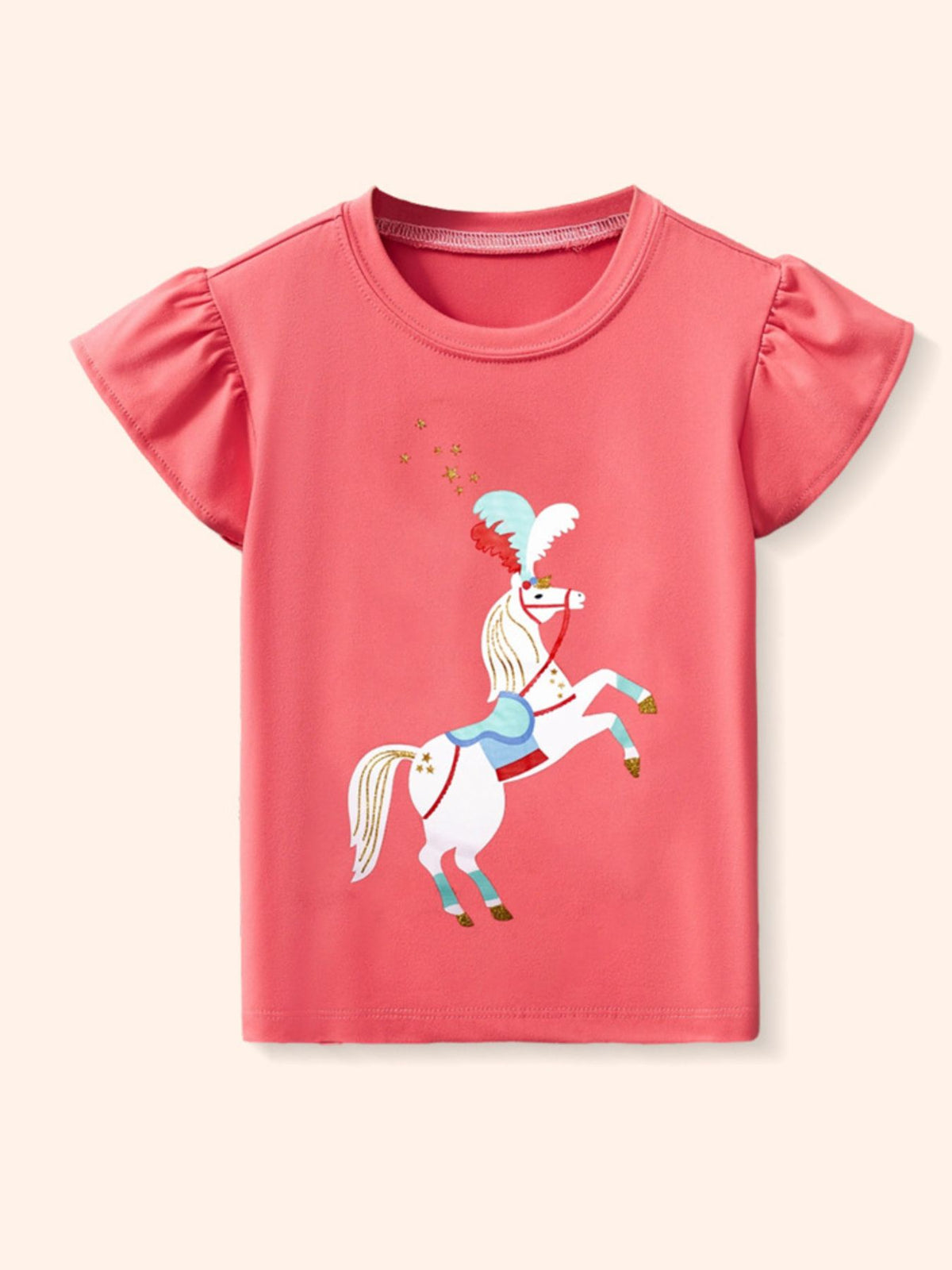 Coral t-shirt with cartoon horse graphic and ruffle sleeves