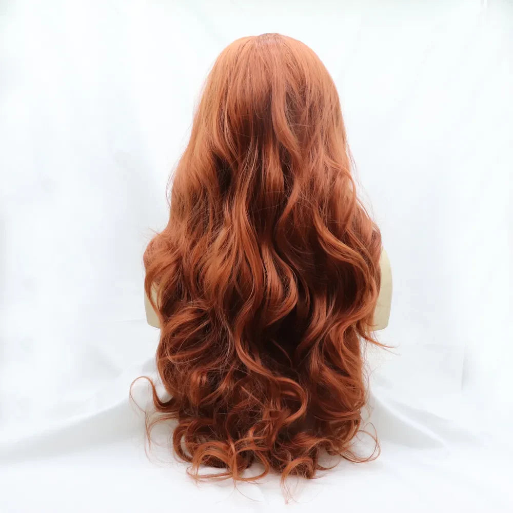 Orange lace front wig with long, wavy hair styled from the back.