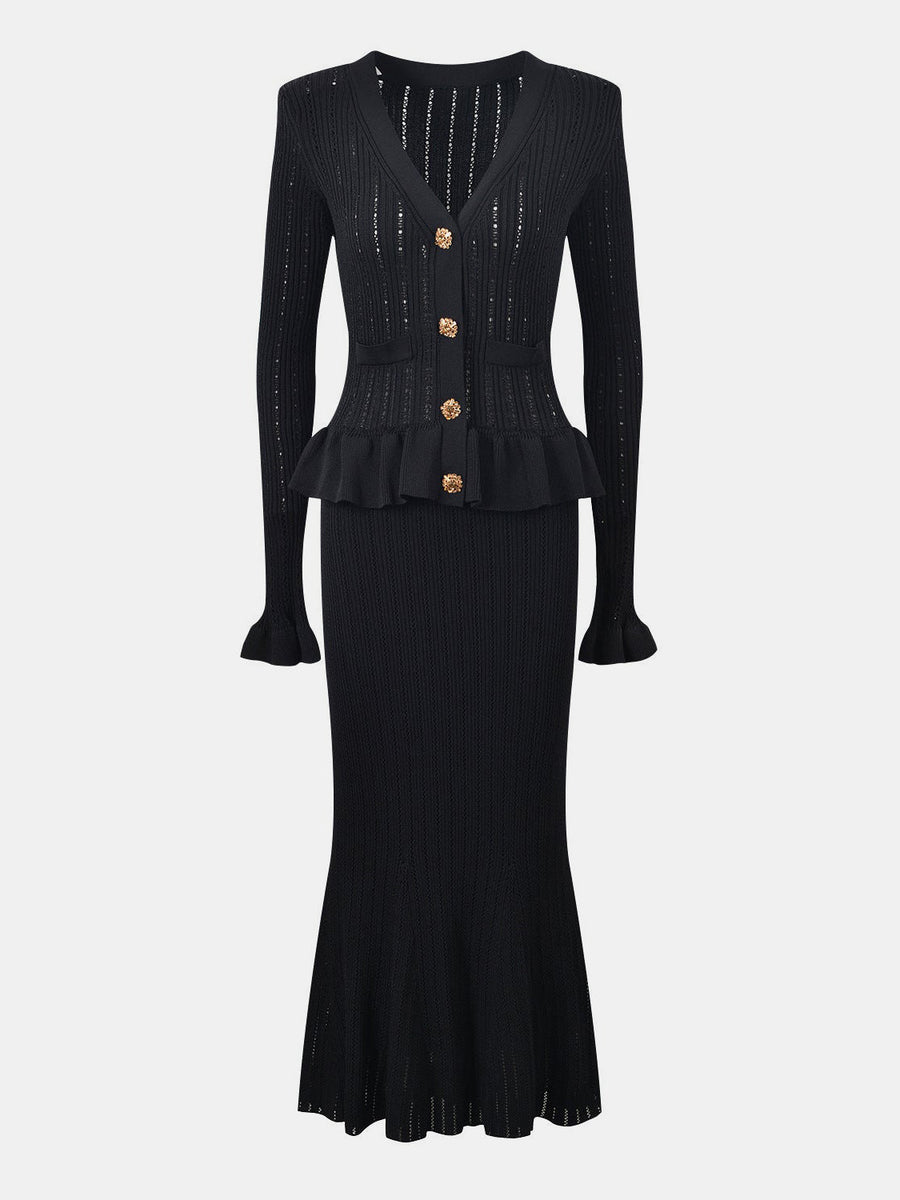 Black knit cardigan with peplum and ruffled hem skirt set