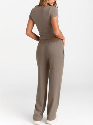 Brown round neck tee and relaxed fit drawstring pants set