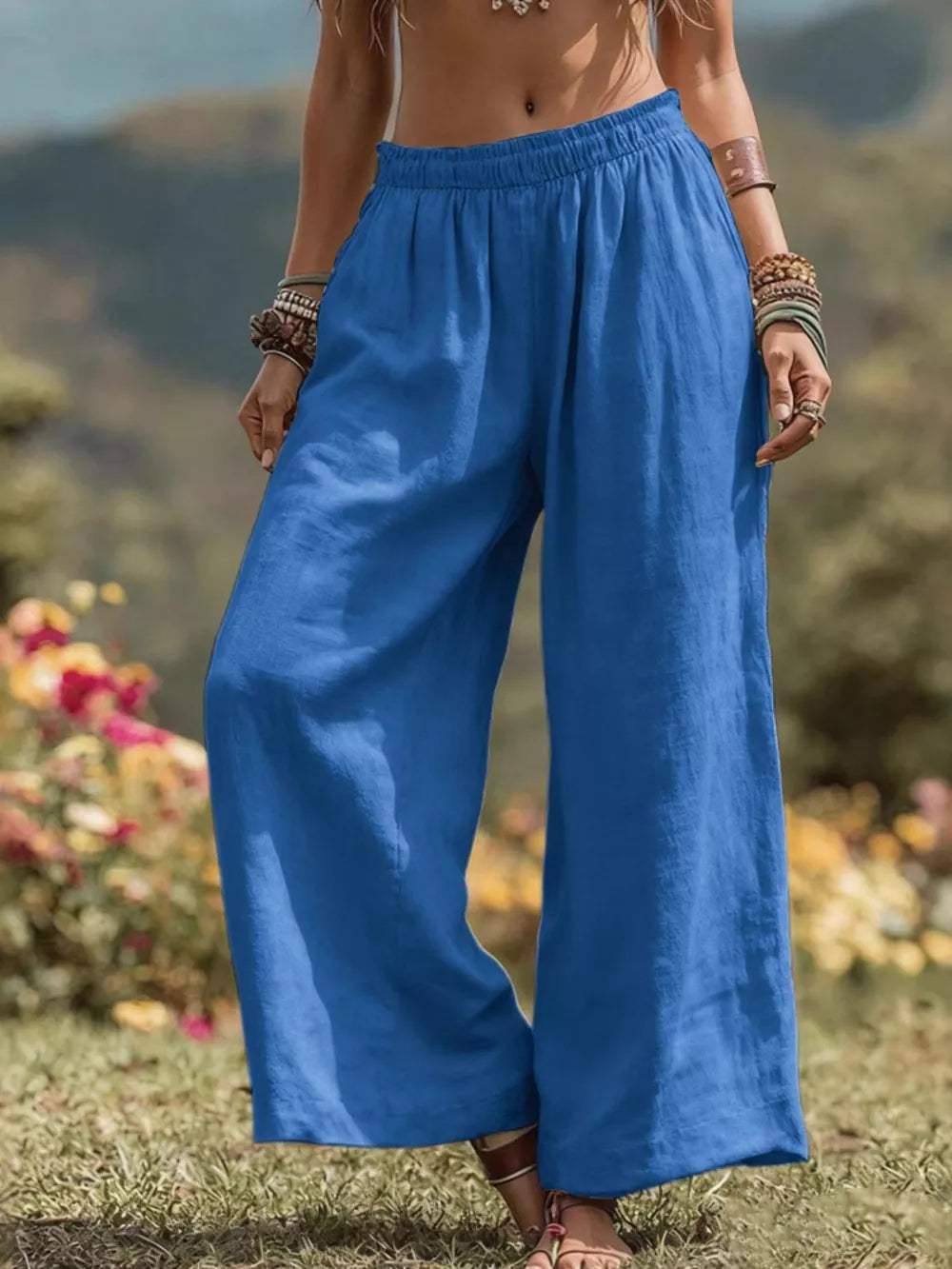 Blue Full Size Bohemian Wide-leg Pants Plus Size