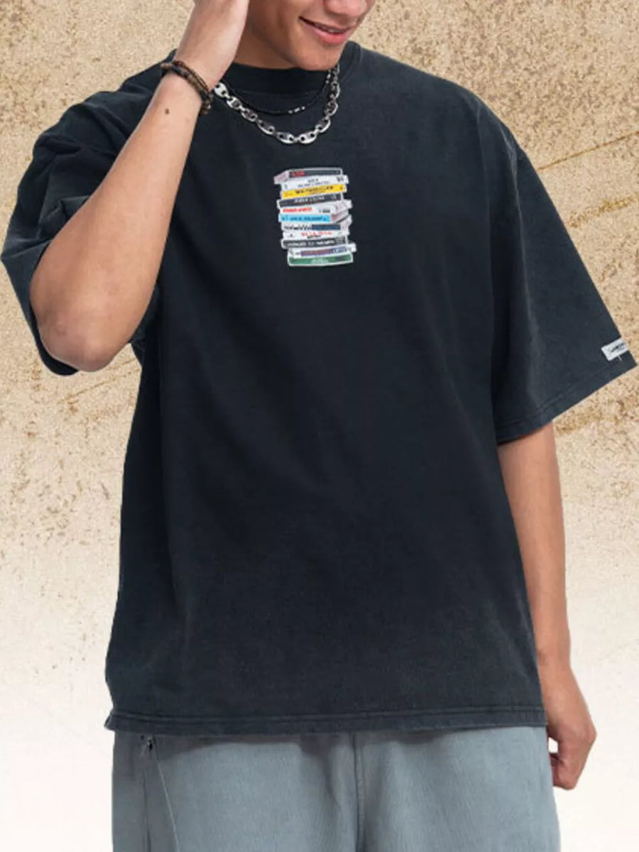 Black Men's Vintage Washed Cassette Tape T-shirt