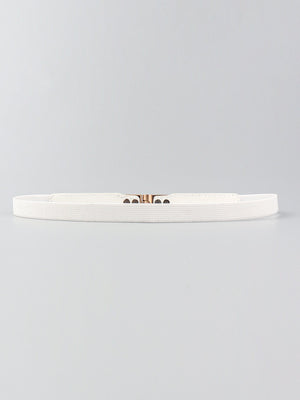 White elasticated buckle belt with gold-tone alloy buckle and leather detail