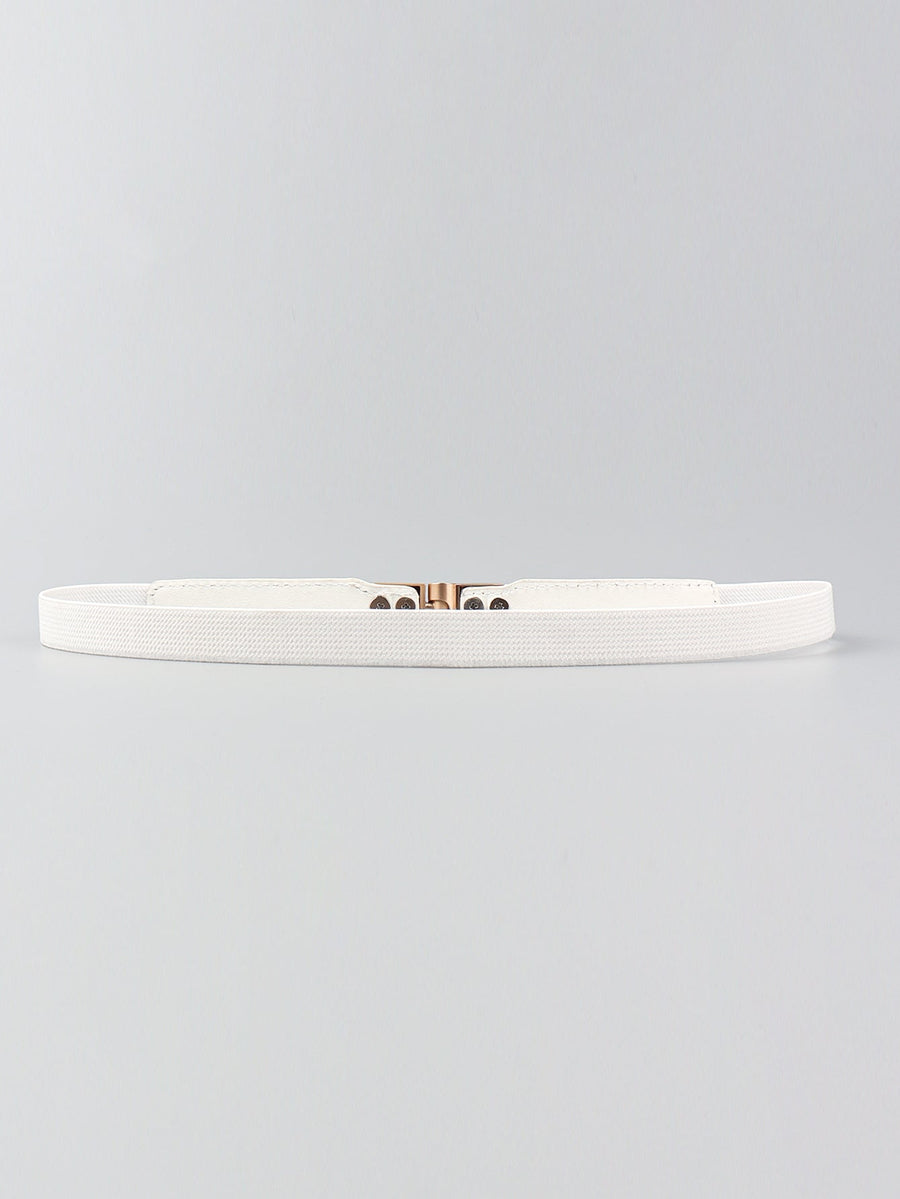 White elasticated buckle belt with gold-tone alloy buckle and leather detail