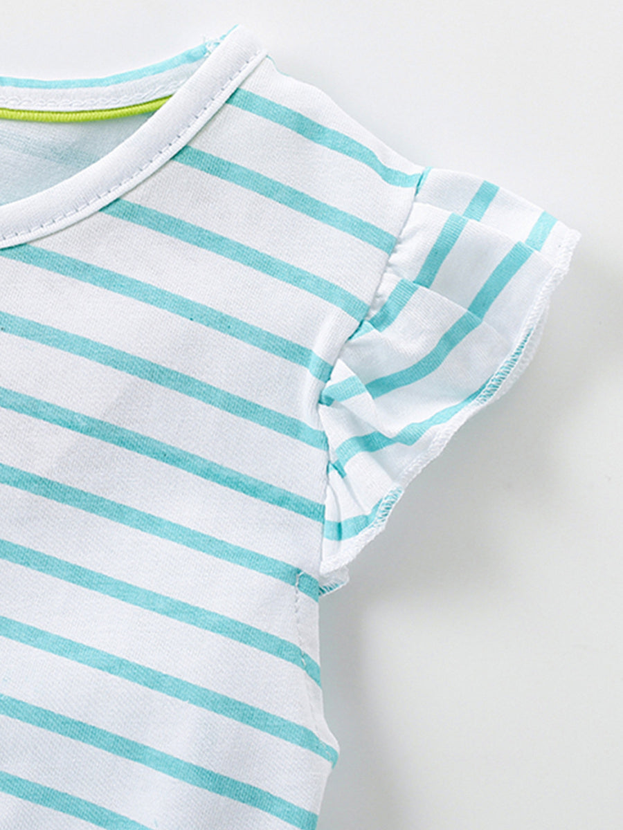 White and blue striped cotton dress with ruffled sleeves and green trim neckline.