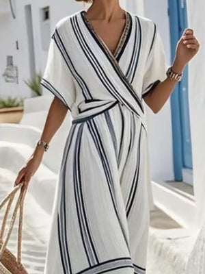Tan Striped Short Sleeve Wrap Maxi Dress Plus Size