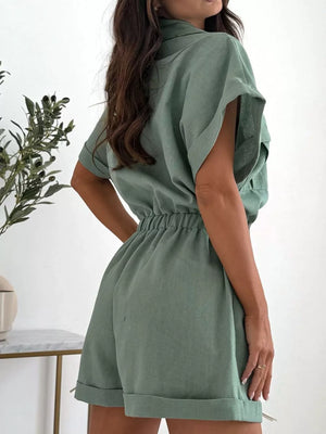 Black with Button Front Short Sleeve Shirt And Shorts Set