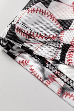Black with Checkered Baseball Bow Print Mesh Top in Black
