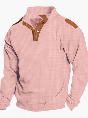 Dusty pink waffle knit henley shirt with suede shoulder patches and collar accents.