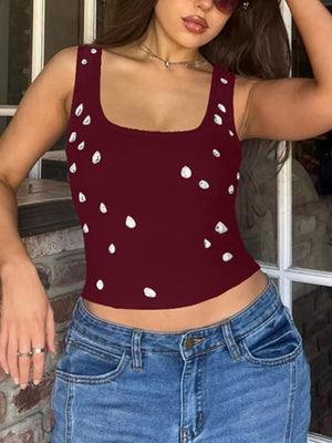 Burgundy cropped tank top with square neck and scattered rhinestone embellishments.
