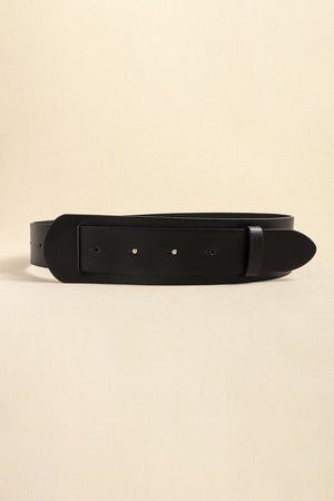 Black leather waist belt with adjustable buckle and gold-tone studs
