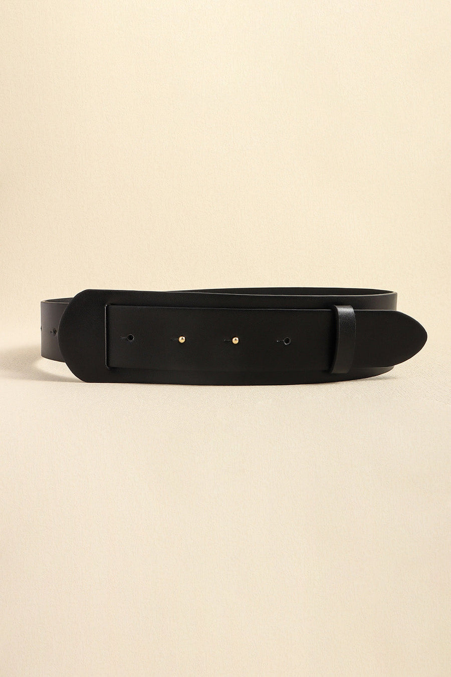 Black leather waist belt with adjustable buckle and gold-tone studs