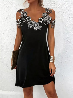 Black Lace Floral Trim Cold Shoulder Mini Dress