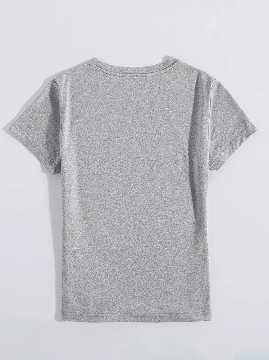 Women's dark gray heathered crew neck t-shirt with short sleeves.