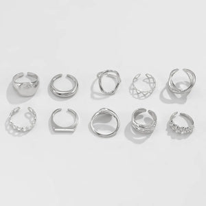 Silver ring featuring 10-piece set and geometric