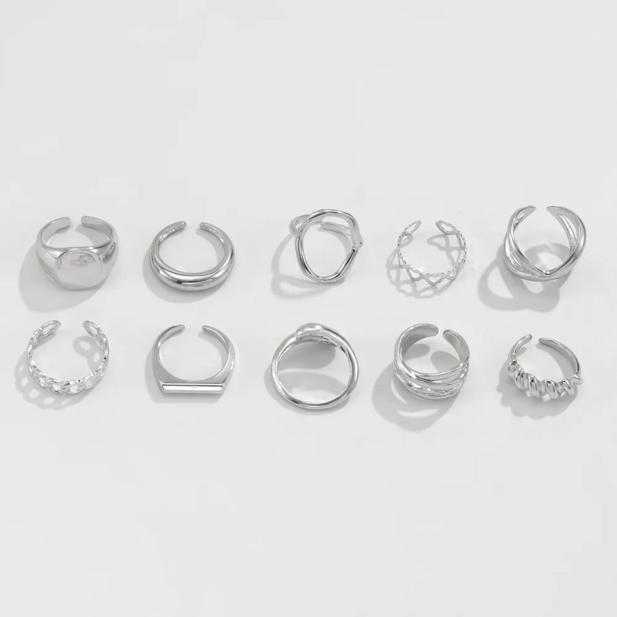 Silver ring featuring 10-piece set and geometric