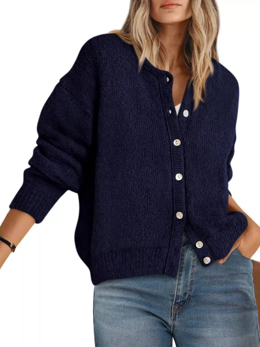 taupe cardigan with hip-length and button-front