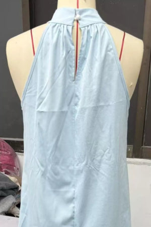 Light blue cotton blend maxi dress with halter neckline and back keyhole detail.