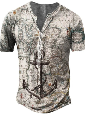 Men's short sleeve buttoned henley t-shirt with vintage map and anchor print.