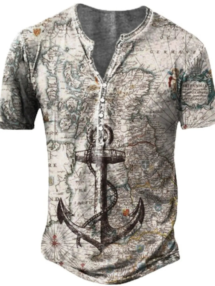 Men's short sleeve buttoned henley t-shirt with vintage map and anchor print.