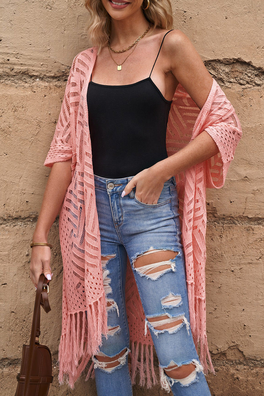 Open knit chevron fringe cardigan in Hot Pink