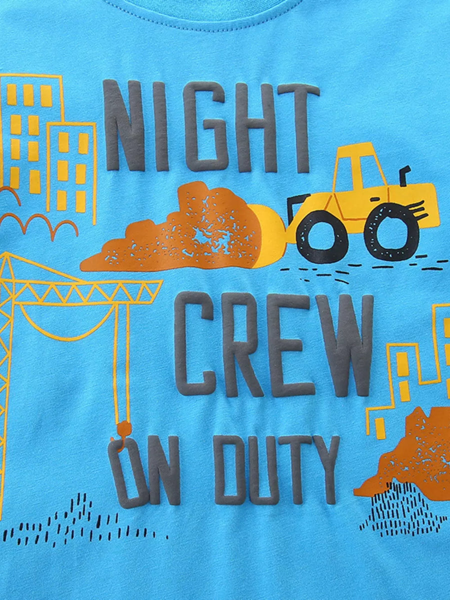 Toddler blue cotton blend tee with builder construction print and "Night Crew On Duty" text.