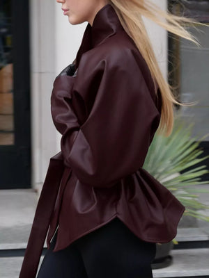 Stand Collar Belted Faux Leather Jacket option 6