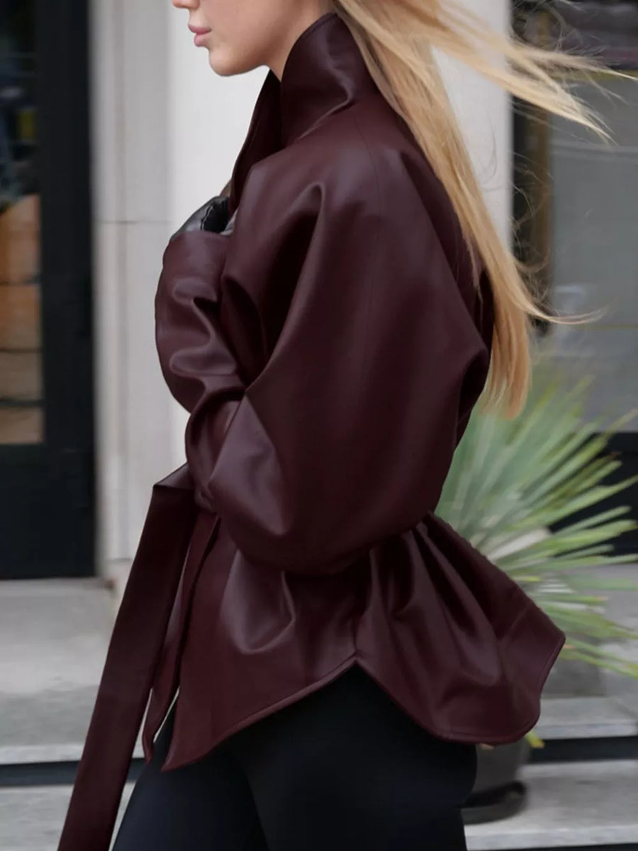 Stand Collar Belted Faux Leather Jacket option 6