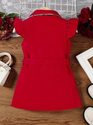 Toddler red belted dress with ruffled sleeves and embellished collar.