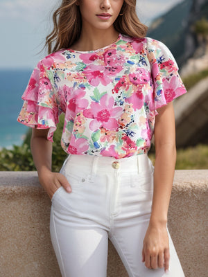 Watercolor floral print blouse with tiered ruffle sleeves and crew neck.