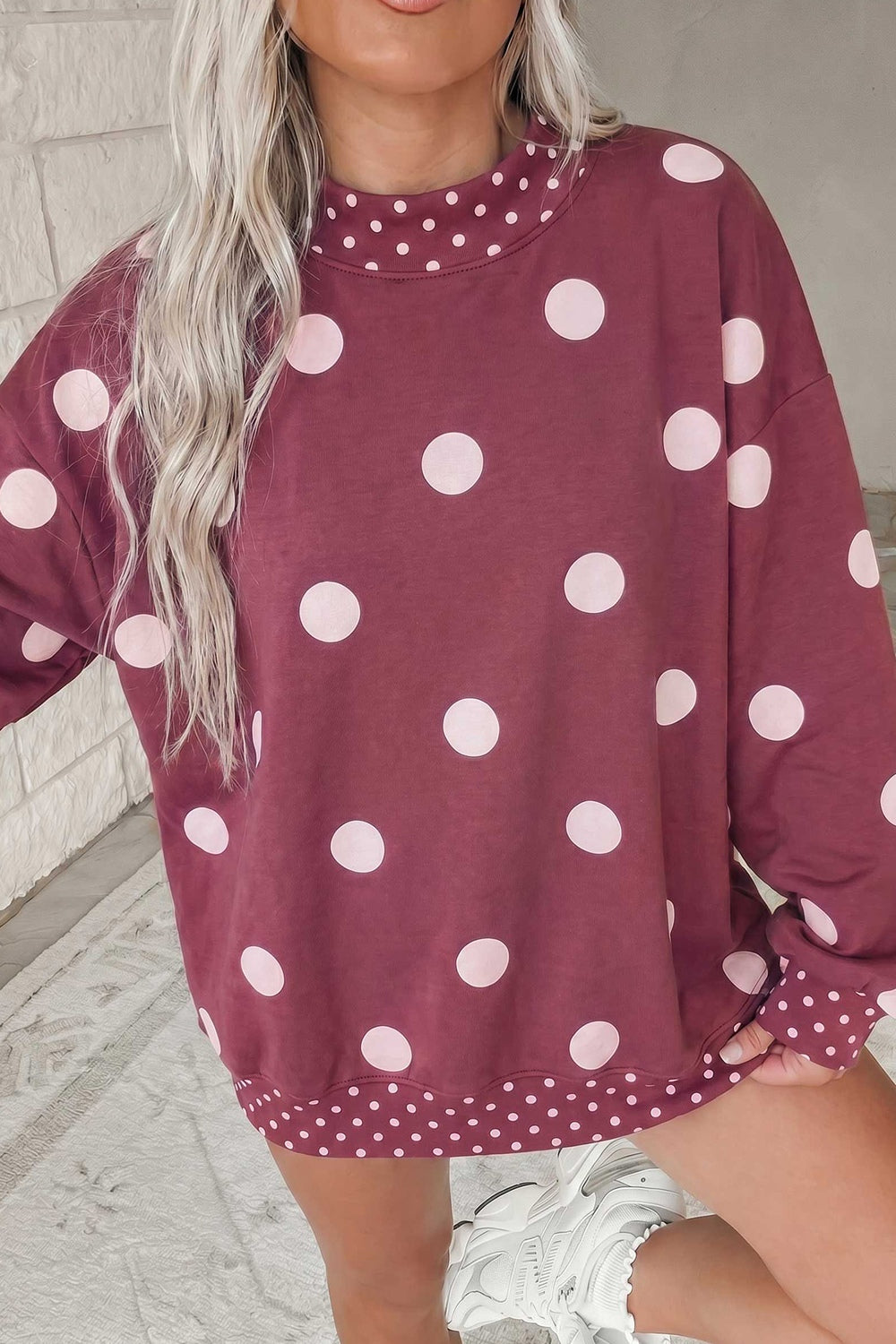burgundy sweatshirt with polka dot and crew neck