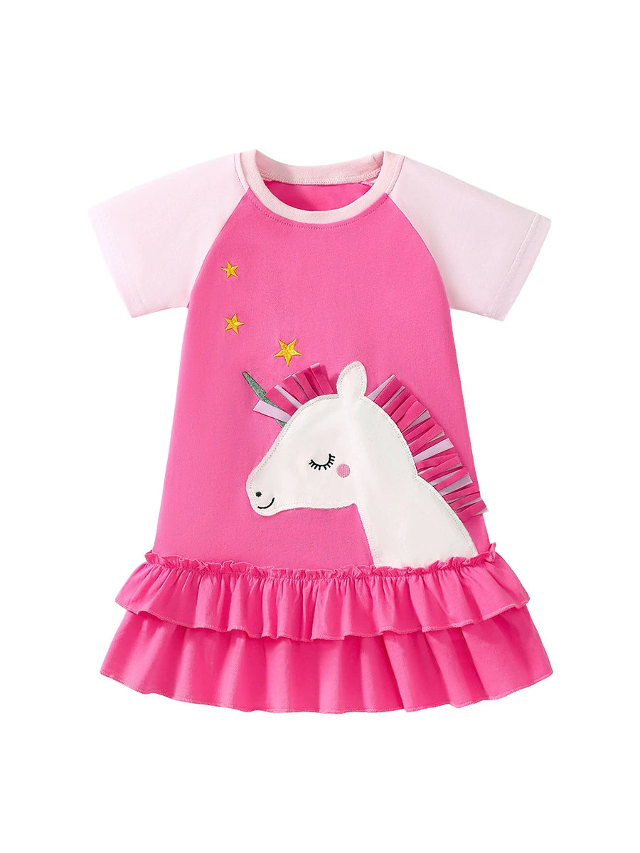 Toddler pink cotton dress with unicorn applique and double ruffled hem