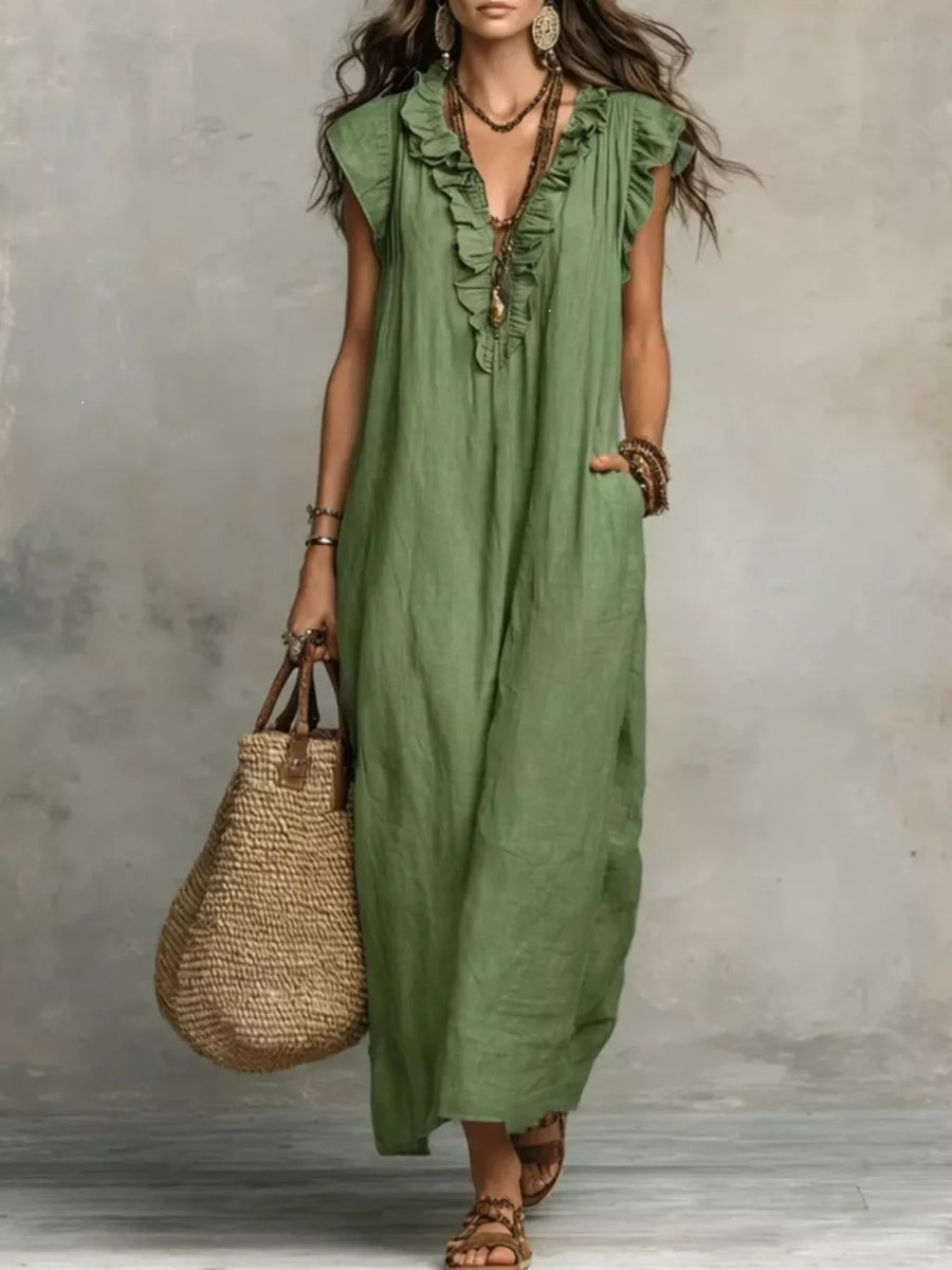 Army green ruffled V-neck maxi dress with pockets and short sleeves.